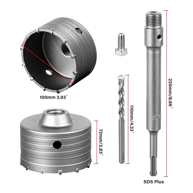 SALI Concrete Hole Saw Kits 4"（100mm） Tungsten Steel Wall Hole Cutter Drill Bit Sets with 220mm SDS Plus Shank Connecting Rod，100mm Center Positioning Drill Bits for Cement Wall Masonry Foam Brick - Image 2